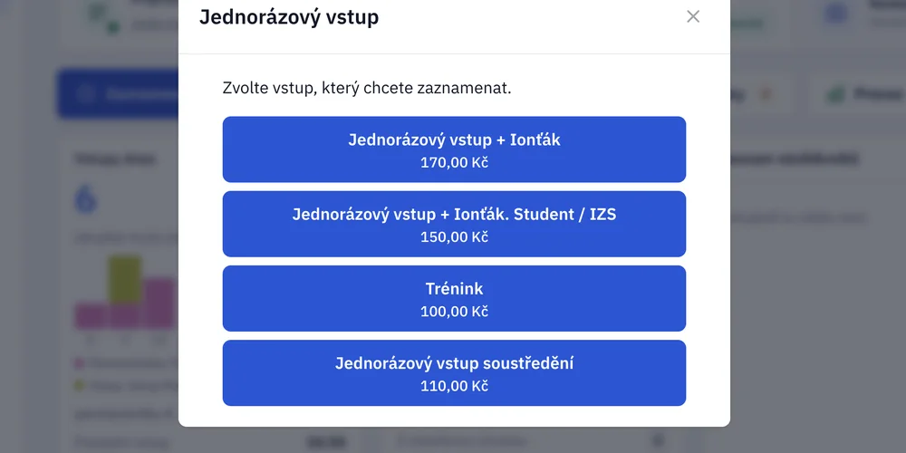 Okno „Jednorázový vstup“ v aplikaci s výběrem typu vstupu a jeho cenou.