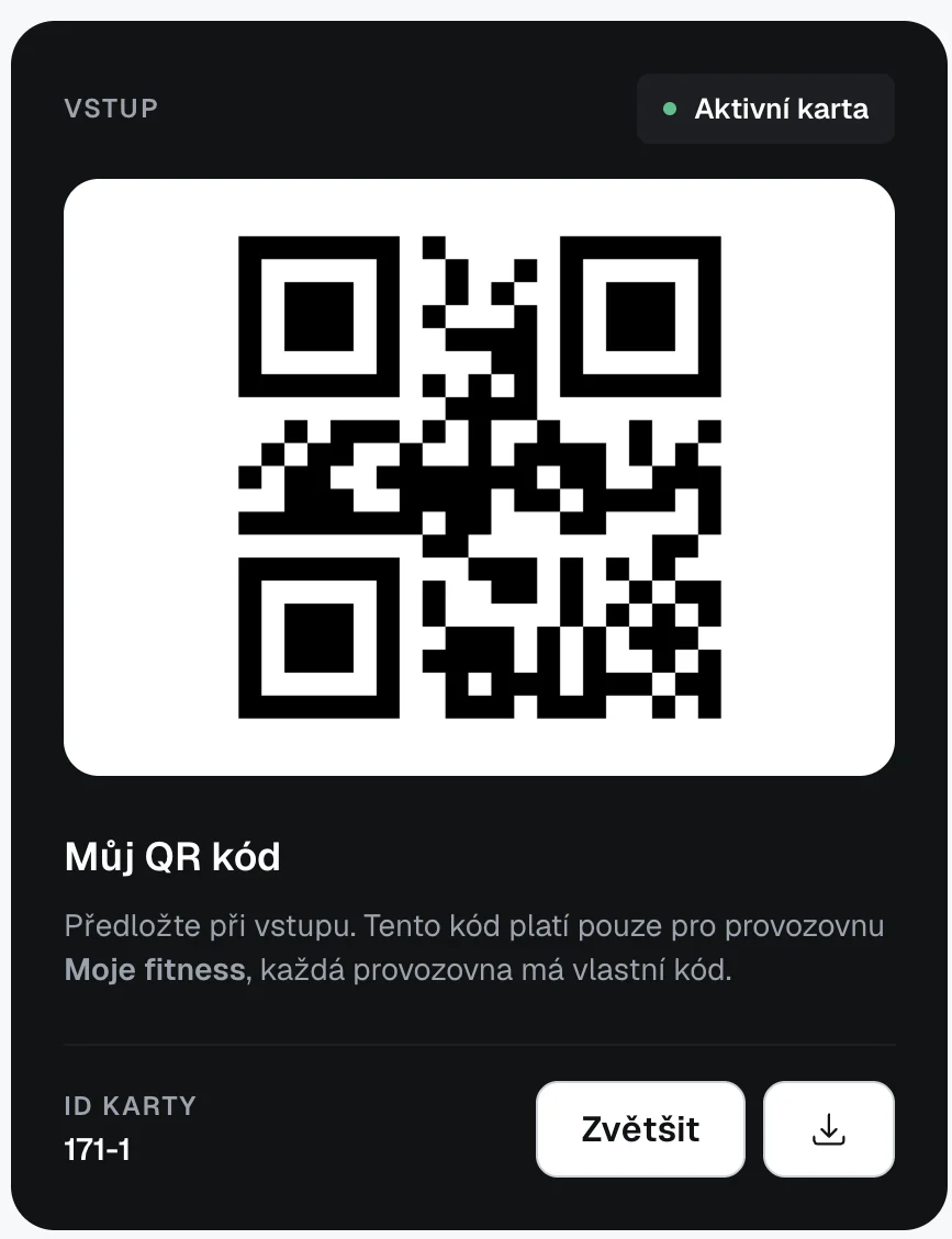 Karta s QR kódem v klientské sekci: pod kódem poznámka, že kód platí jen pro tuhle provozovnu, a ID karty.