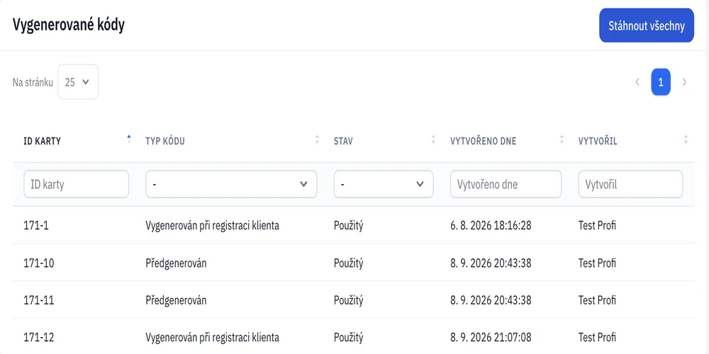 Evidence vygenerovaných kódů v aplikaci: ID karty, typ kódu, stav a možnost stáhnout všechny kódy.